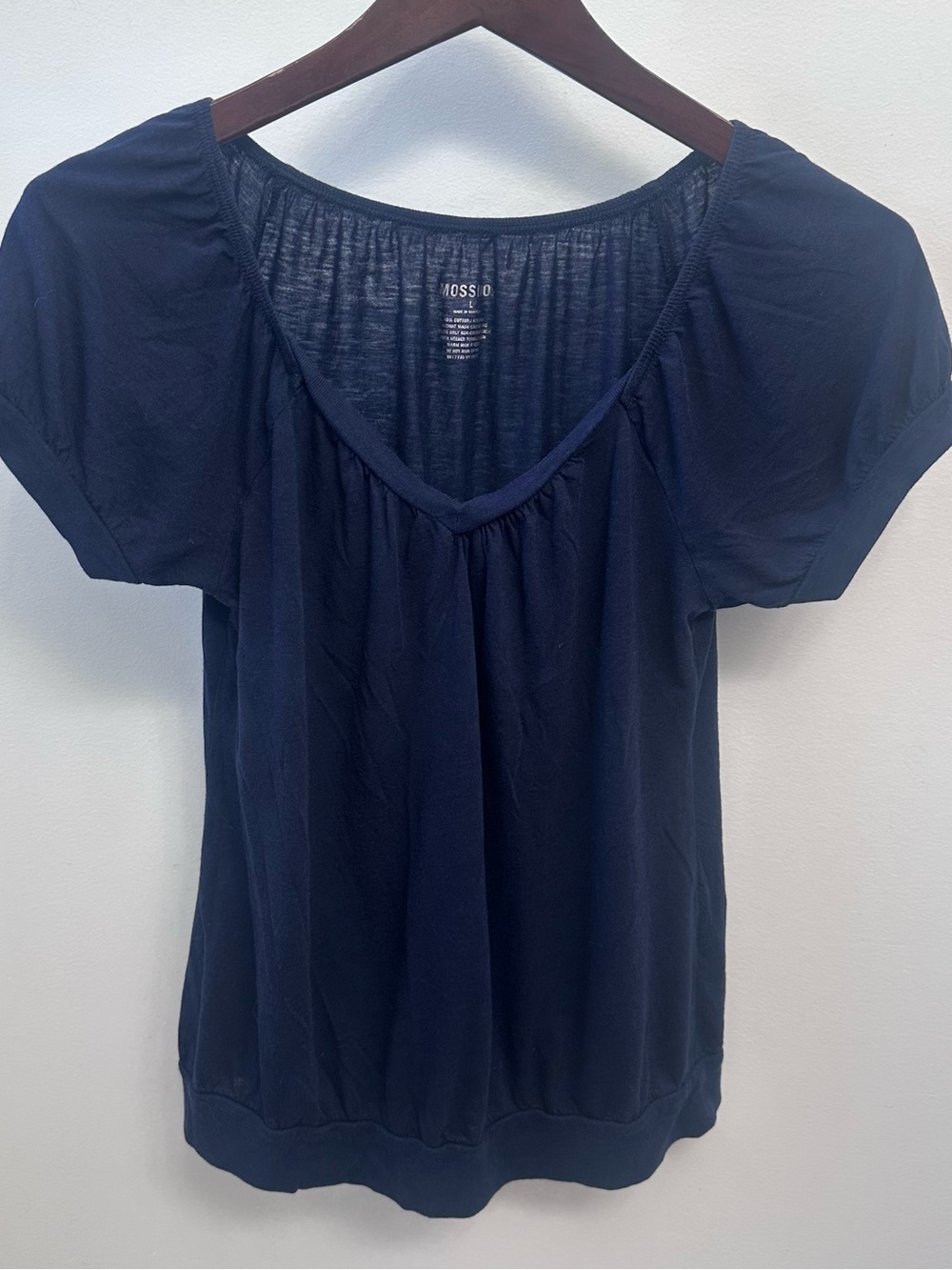 Mossimo Navy Blue Short Sleeve Gathered V-Neck Banded Hem Blouse Top Large